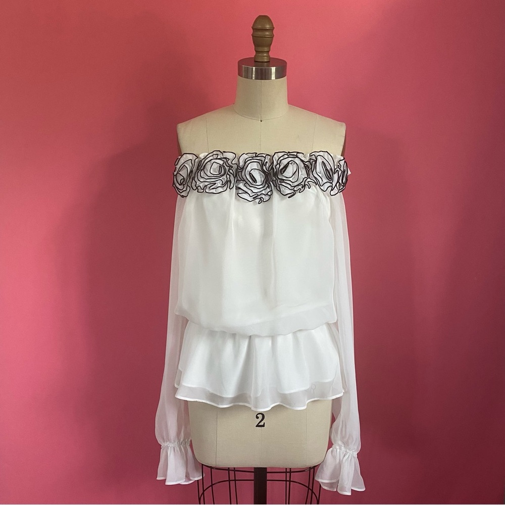 Fairy Rosette Adorned Off Shoulder Ruffled Sleeve Chiffon Billowy Blouse S